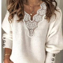  Lace Button Decor V Neck Pullover Jumper