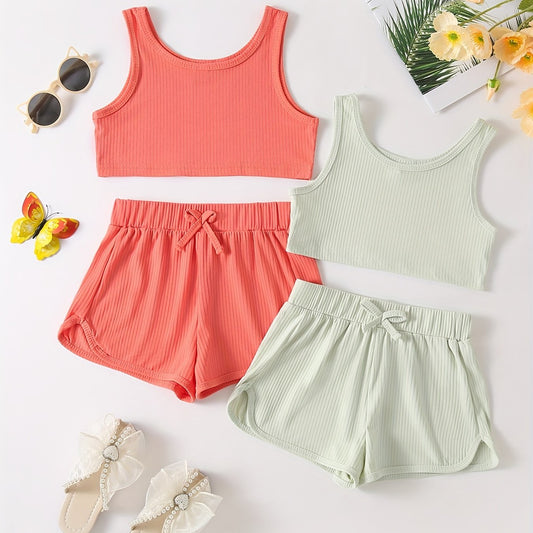 Girls Ribbed Knit Crop Tank Top & Shorts Set