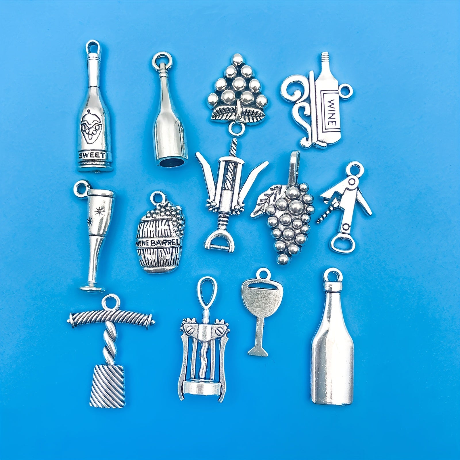 12pcs Antique Silver Red Wine Bottle Pendant Set for DIY Jewelry Making