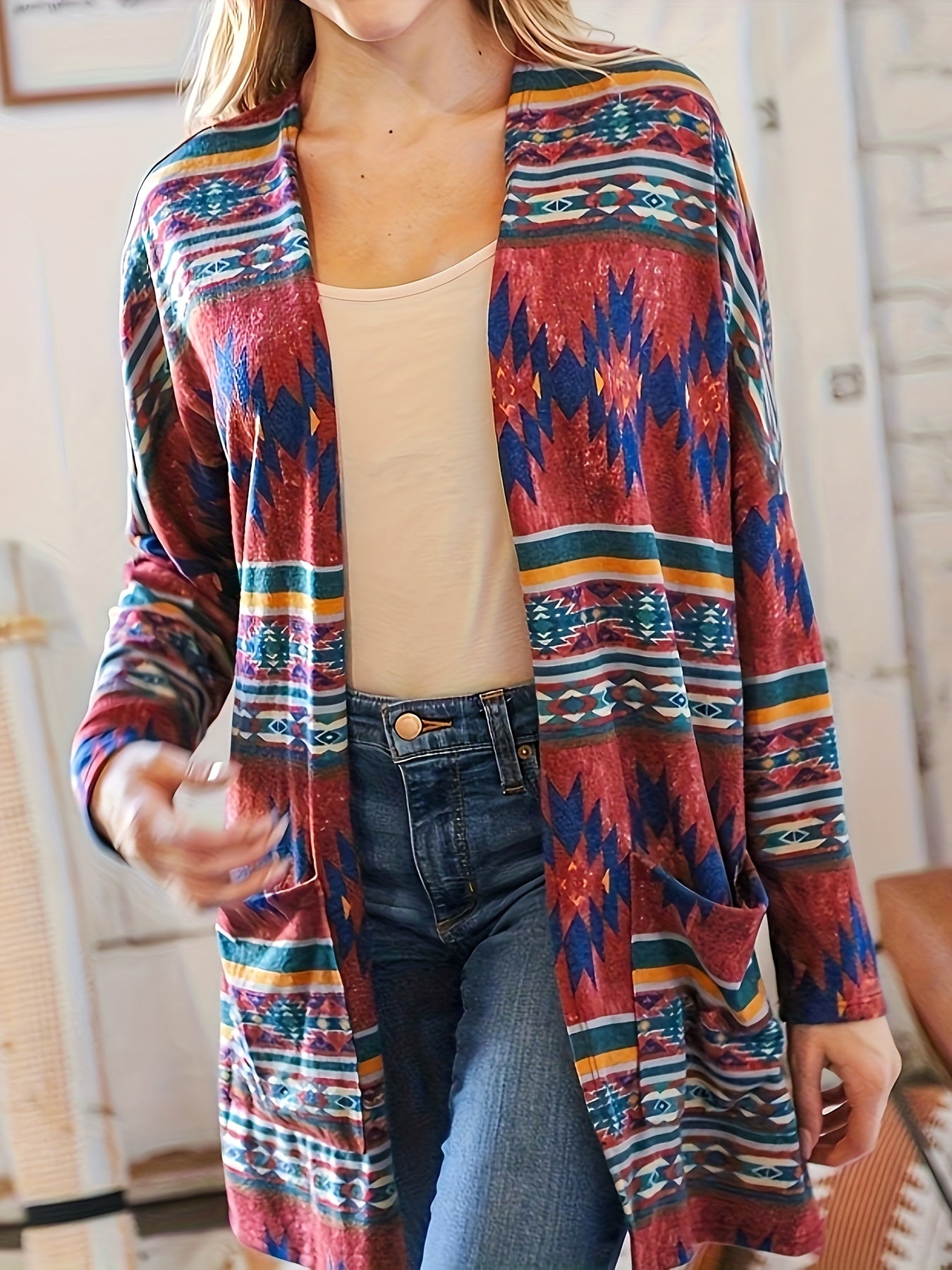  Boho Cardigan Southwest Print Long Sleeve Open Front