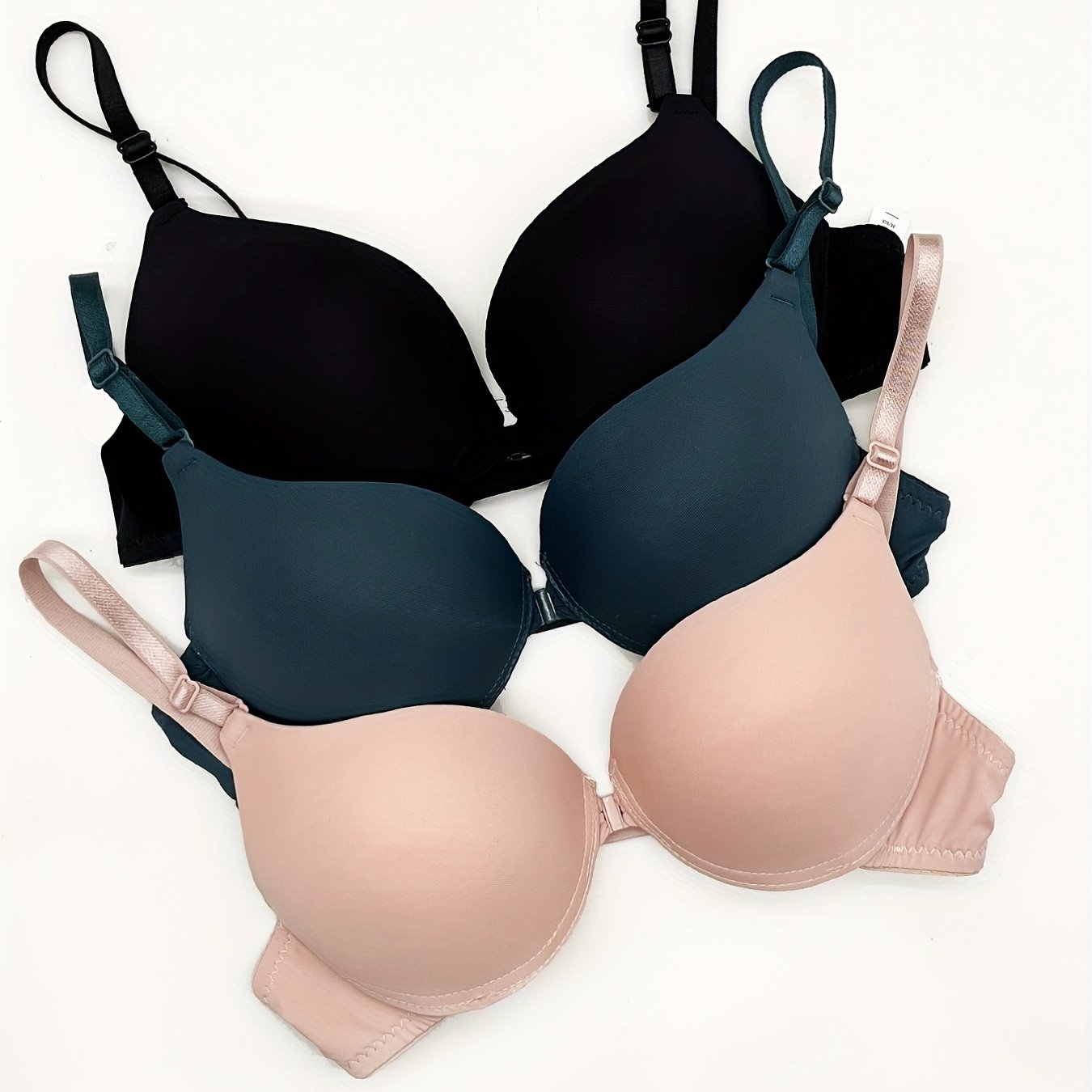 3 Sets Front Buckle Push Up Bras Comfy & Breathable T Shirt Bra Women's Lingerie