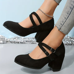 Women's Block Heels Double Buckle Strap Pumps Work Shoes