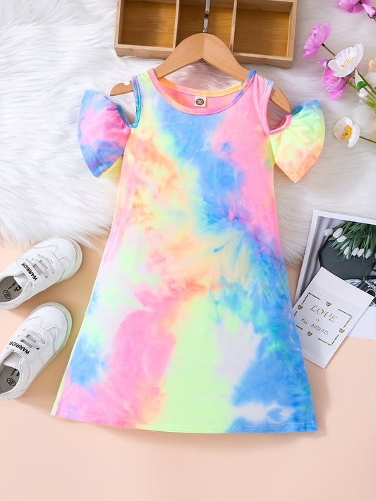 Girls Tie Dye Cold Shoulder Trumpet Sleeve T Shirt Dress