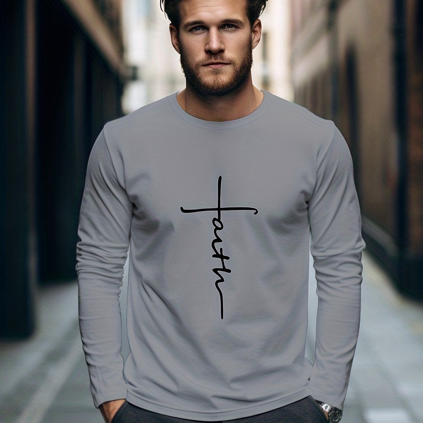 Faith Print Men's Long Sleeve Novelty T-shirt for Autumn