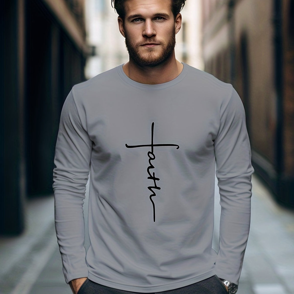Faith Print Men's Long Sleeve Novelty T-shirt for Autumn
