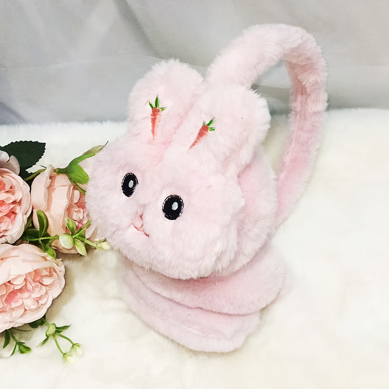 Women's Plush Bunny Ear Warmers Rabbit with Expressive Eyes Soft Stretchable Ear