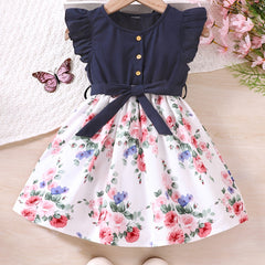 Floral Ruffle Trim Princess Dress For Party Kids Summer