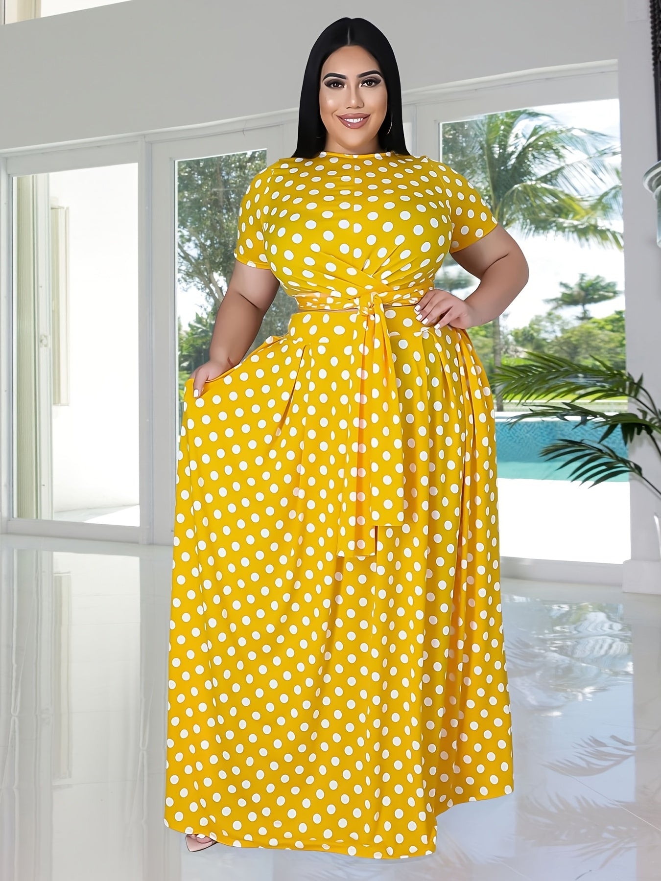  Polka Dot Print Short Sleeve Crop Top & Maxi Skirt Set