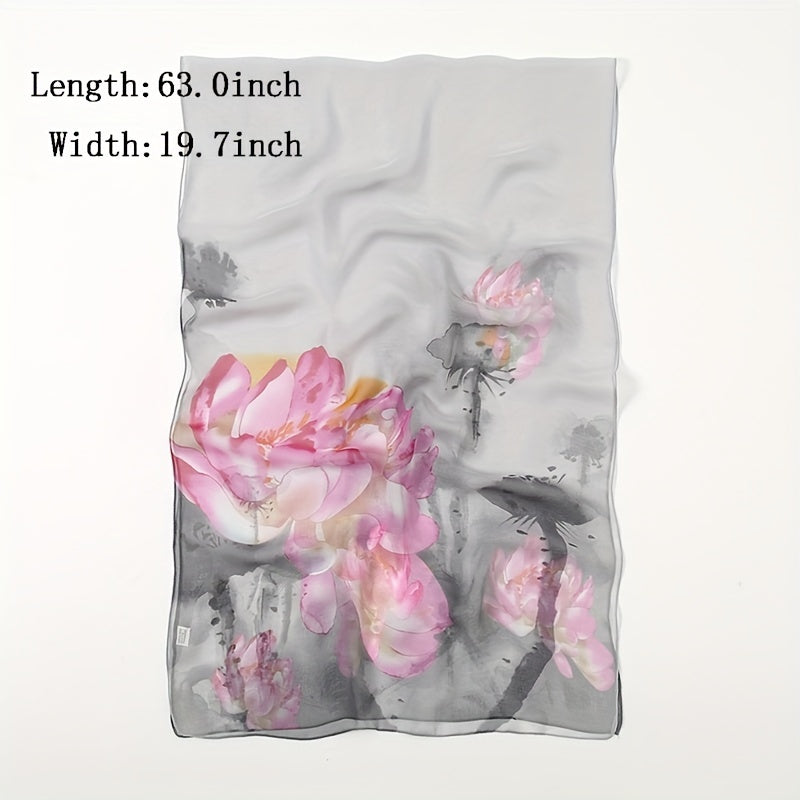 Lotus Print Chiffon Vintage Scarf Long Shawl Spring Summer Thin Head Wrap