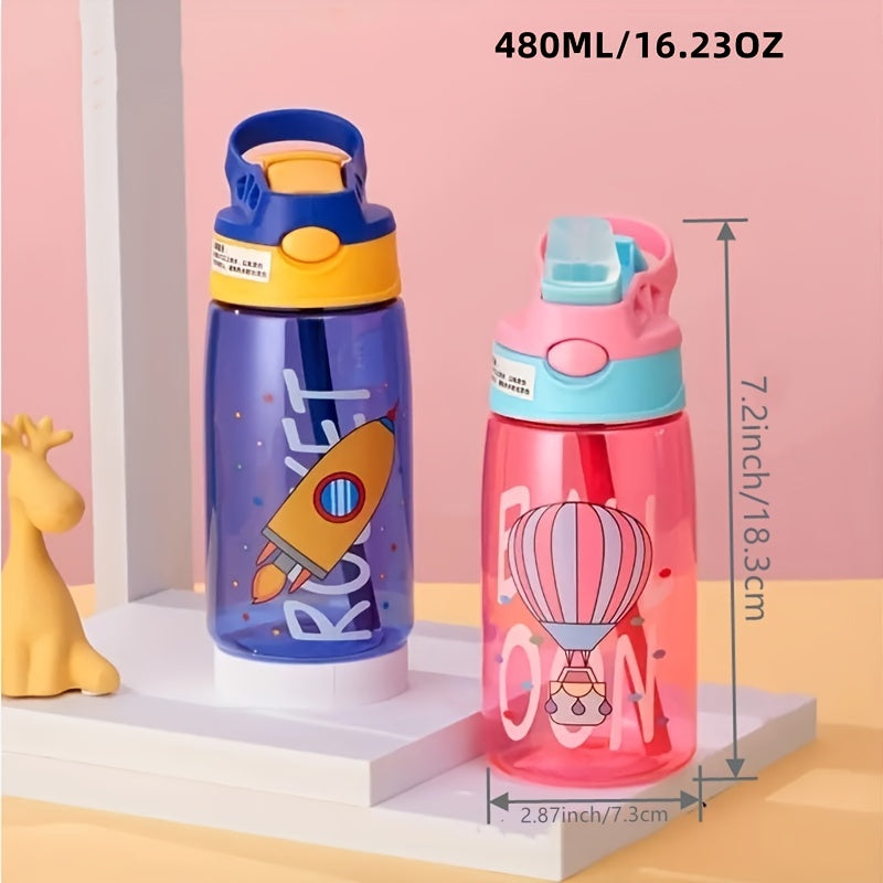 480ml Sports Water Bottle w/ Straw Hot Air Balloon Design Portable Travel Bottle