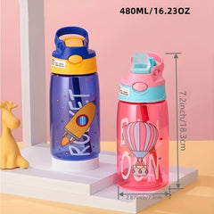 480ml Sports Water Bottle w/ Straw Hot Air Balloon Design Portable Travel Bottle