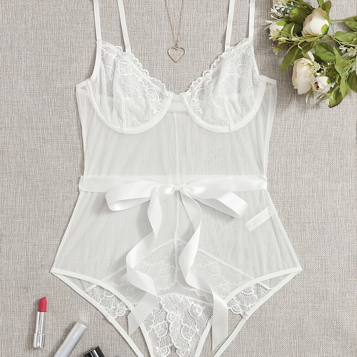 Floral Lace Spaghetti Strap Bodysuit with Cut Out Detail