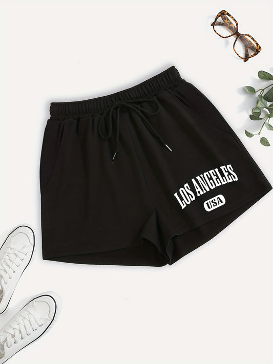 Los Angeles Letter Print Hotpants Drawstring Waist Casual Shorts