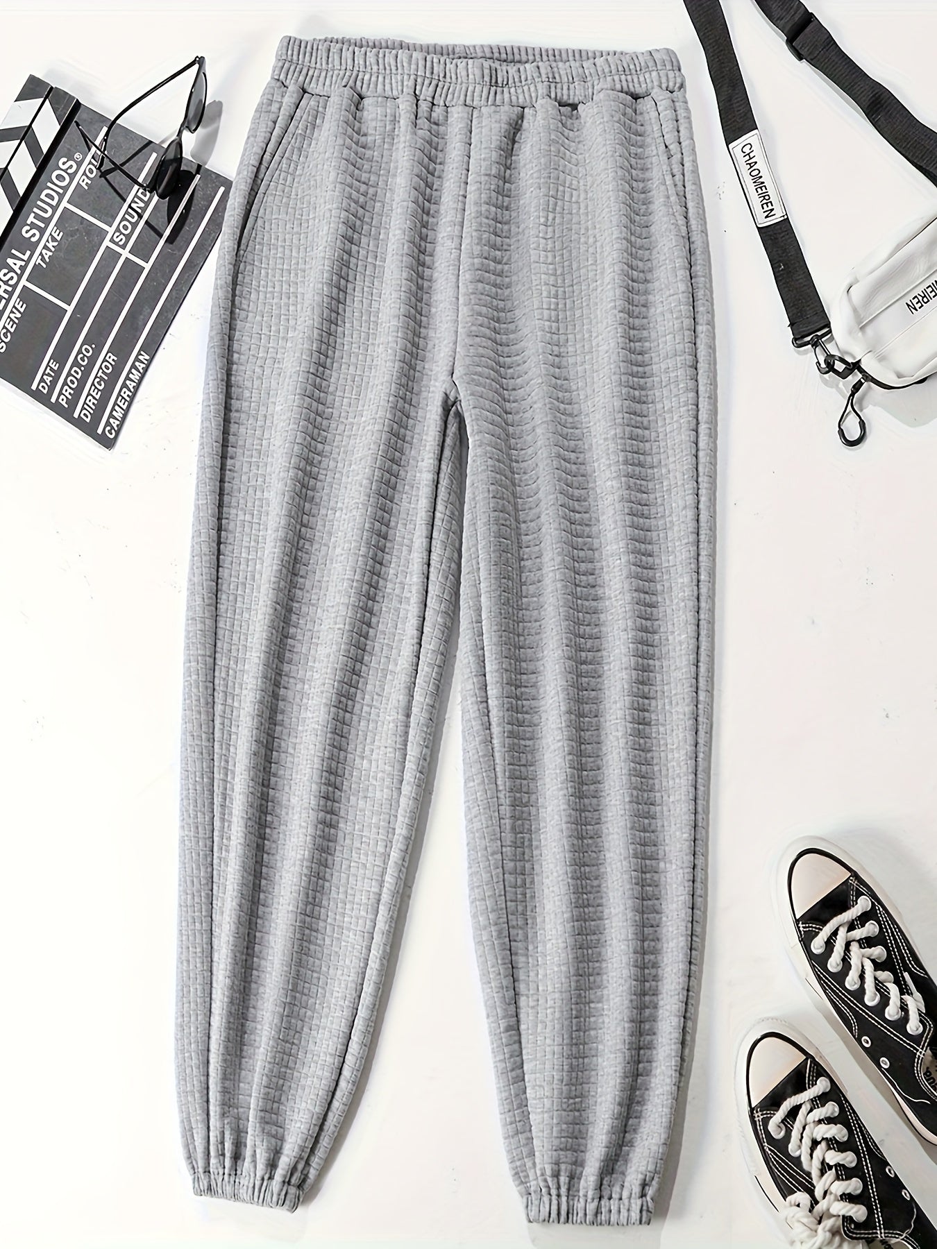  Solid Waffle Knit Joggers with Elastic Waist