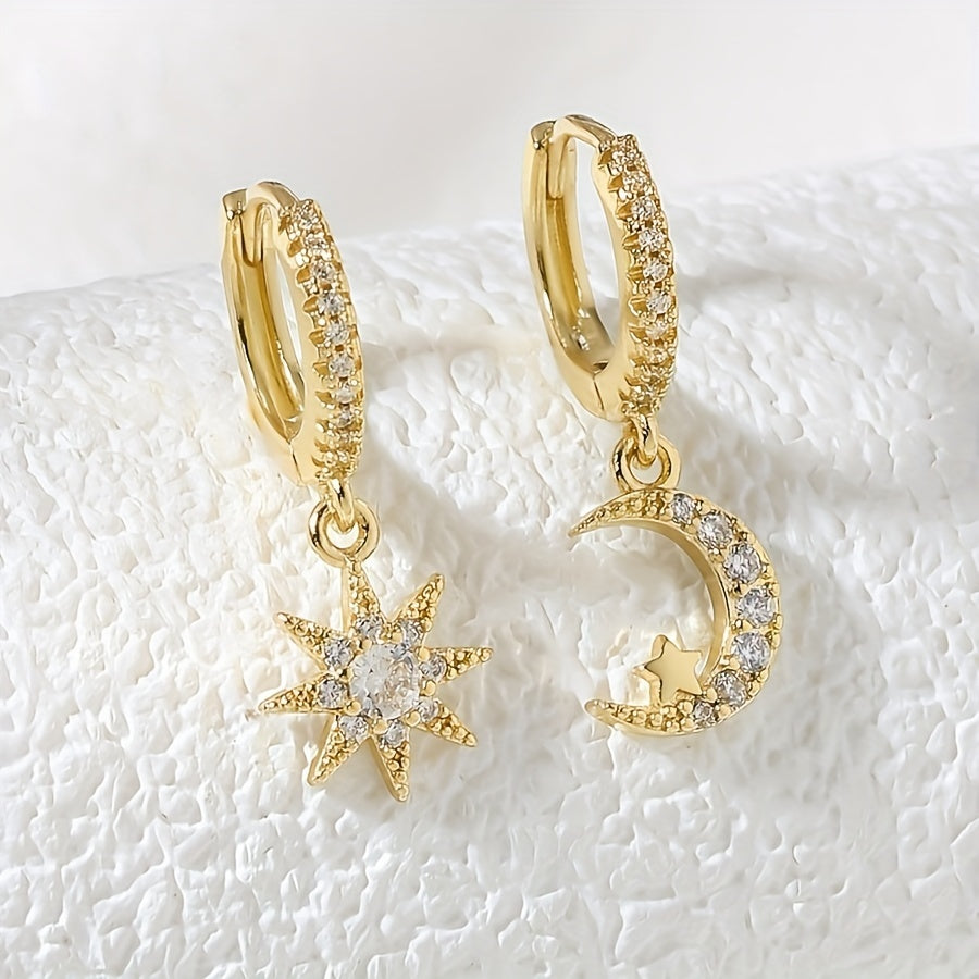 Sun & Moon Zircon Drop Hoop Earrings 18K Plated Ear Jewelry Gift