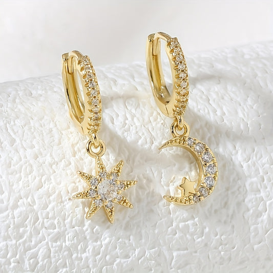 Sun & Moon Zircon Drop Hoop Earrings 18K Plated Ear Jewelry Gift