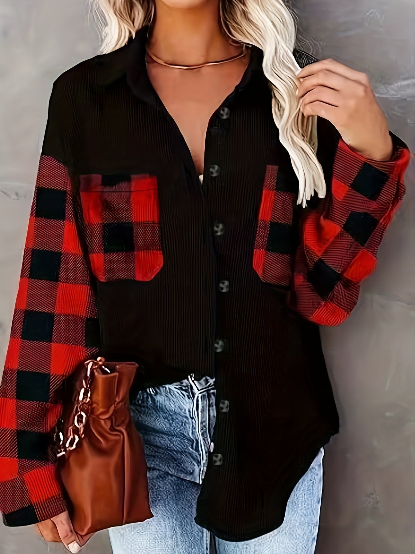  Colorblock Gingham Button Up Blouse
