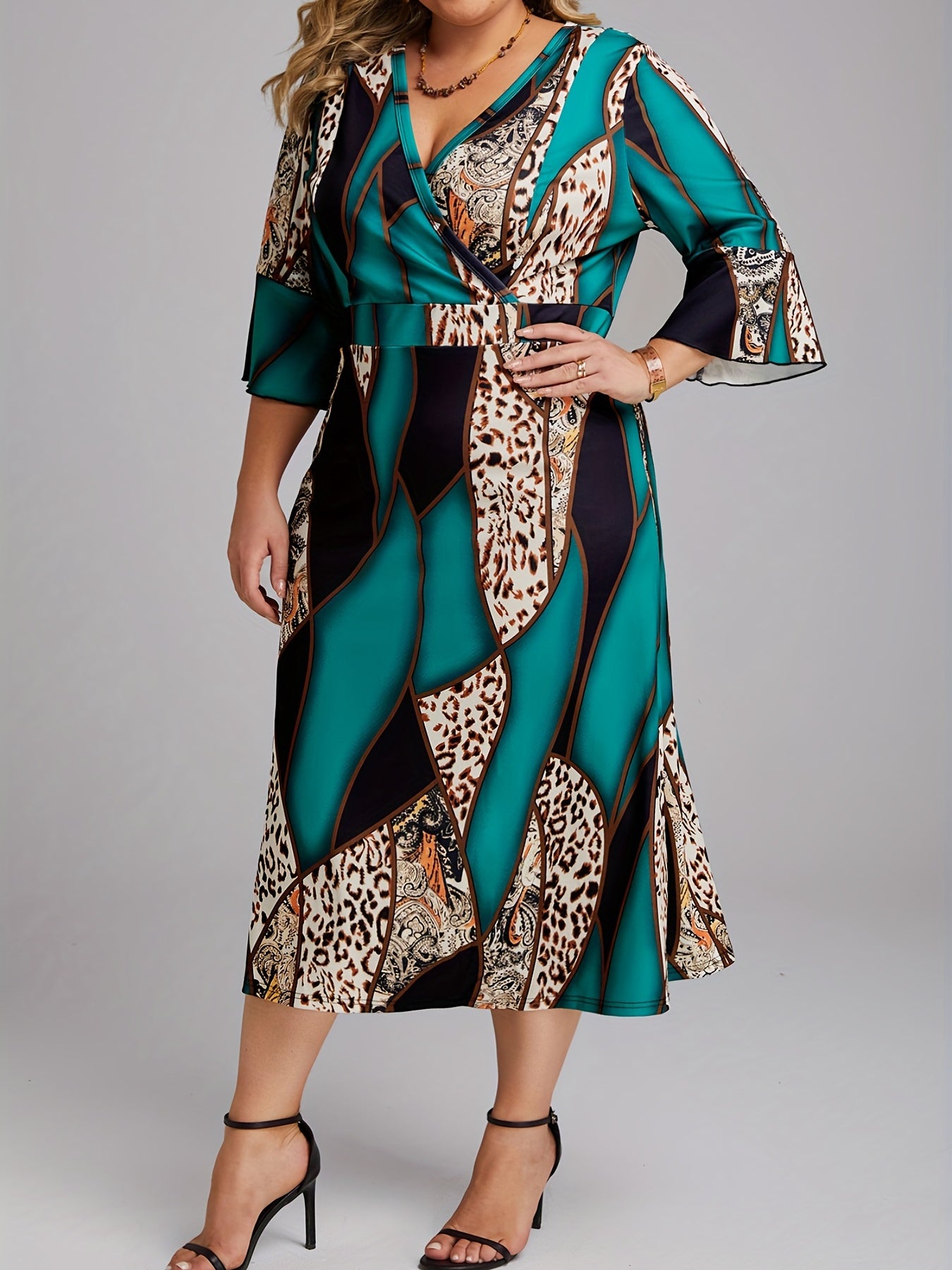  Colorblock Leopard Print Surplice Neck Dress