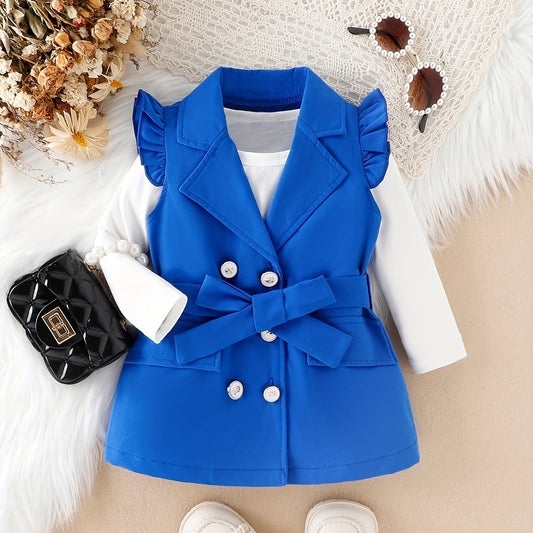 3pcs Baby Girl Stylish Button Up Flutter Sleeve Coat & Blouse & Belt Set