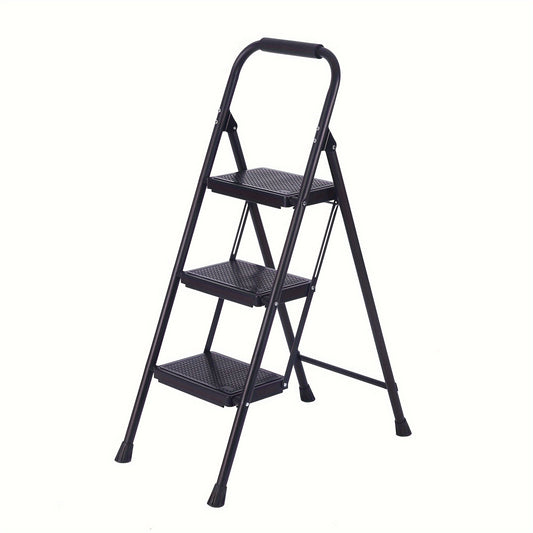 3 Step Folding Ladder Handle Non Slip Wide Treads Steel Stepstool Portable