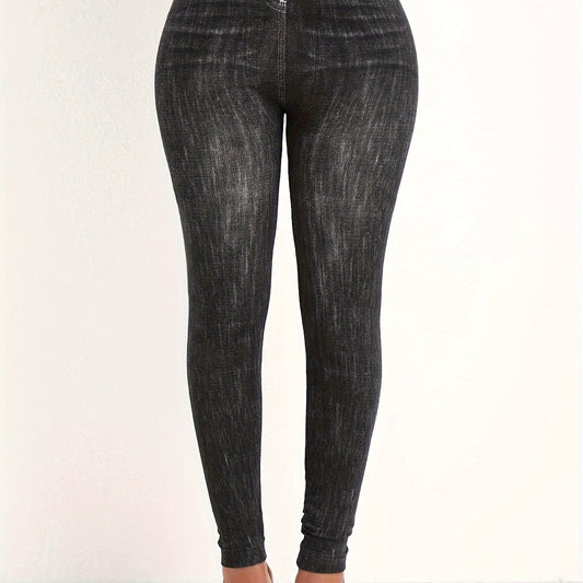 Distressed Denim Print High Rise Leggings Plus Size