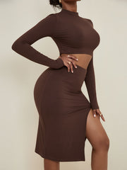 Ribbed Slit Dresses Two piece Set Long Sleeve Crop Tops & High Waist Skirt