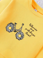 Floral Bicycle Graphic Sweatshirt For Girls Comfy Round Neck Pullover Tops
