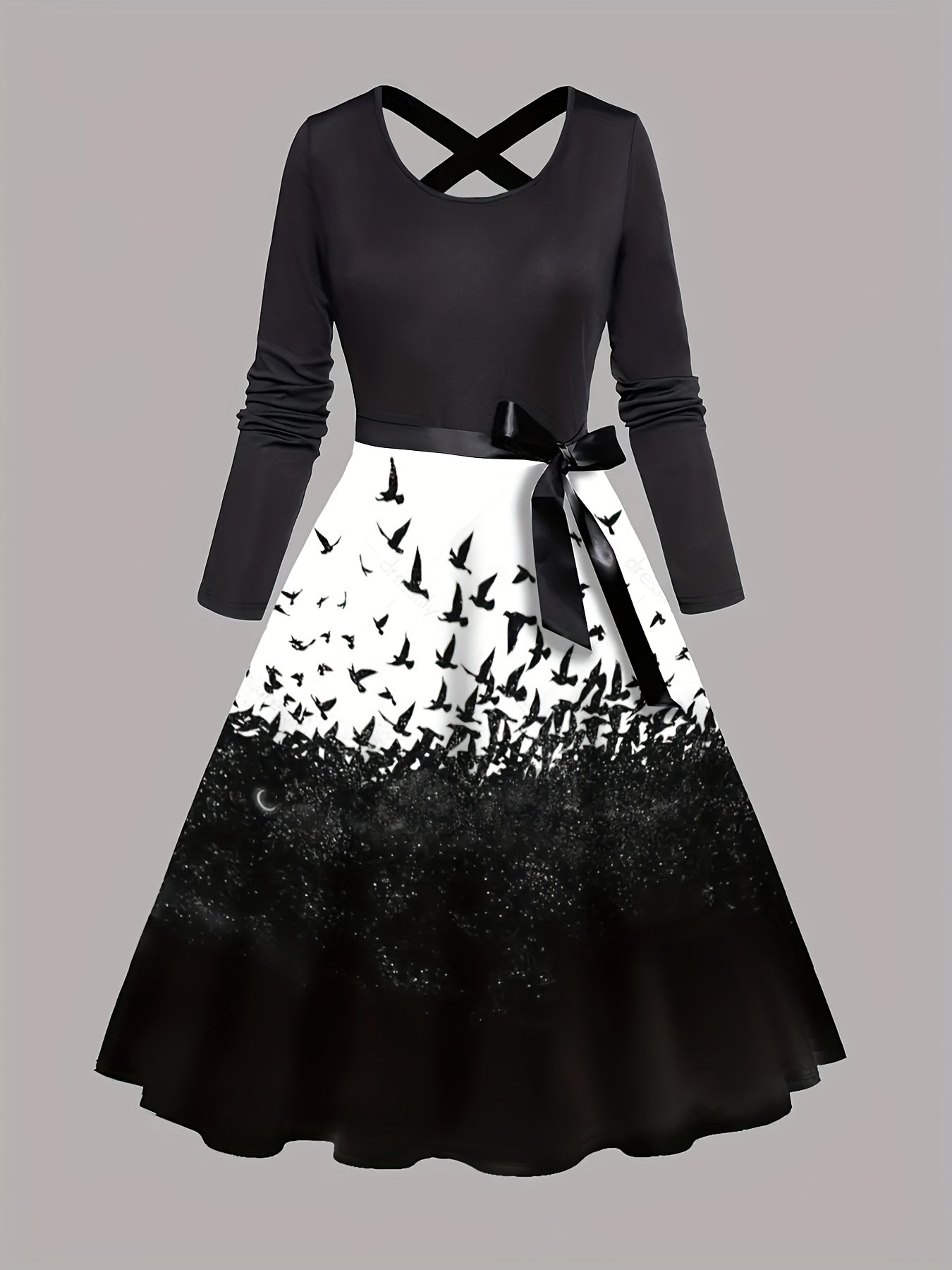  Colorblock Bird Print Long Sleeve Dress