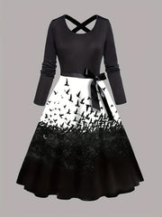  Colorblock Bird Print Long Sleeve Dress