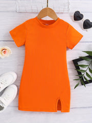 Girl's Crew Neck Short Sleeve Side Slit Casual Dress
