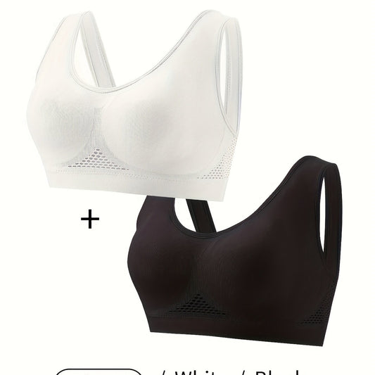2 Pack Plus Size Bra Set Women's Plus Solid Hollow Mesh Yoga Sportwear Bra 2pcs
