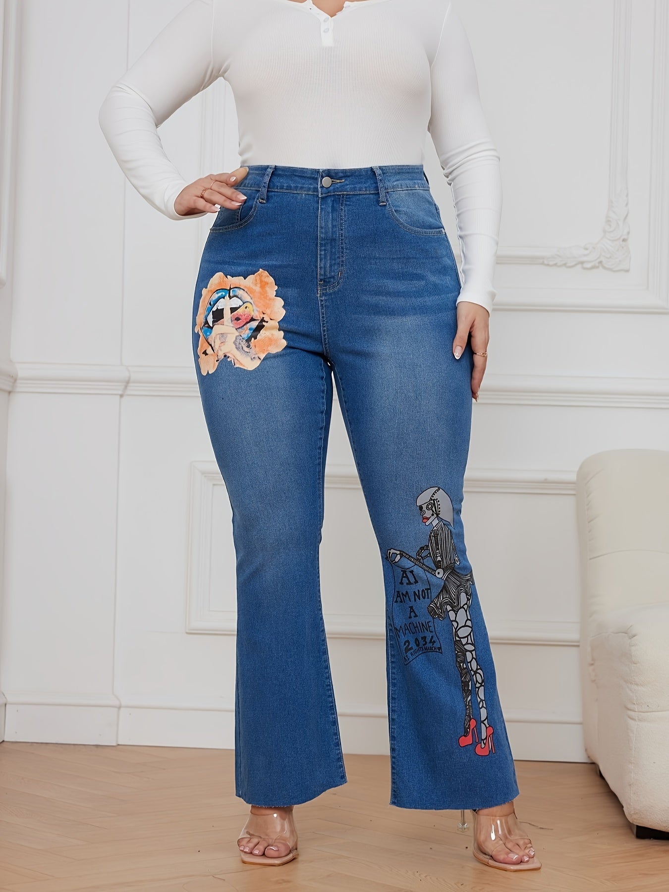  Goth Jeans Women's Plus Graphic Print Flared Leg Jeans