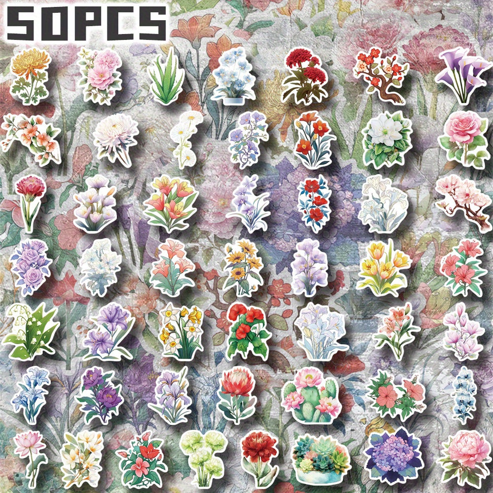 50pcs Flower Illustration Stickers Non Repeating Decor for Holidays & B