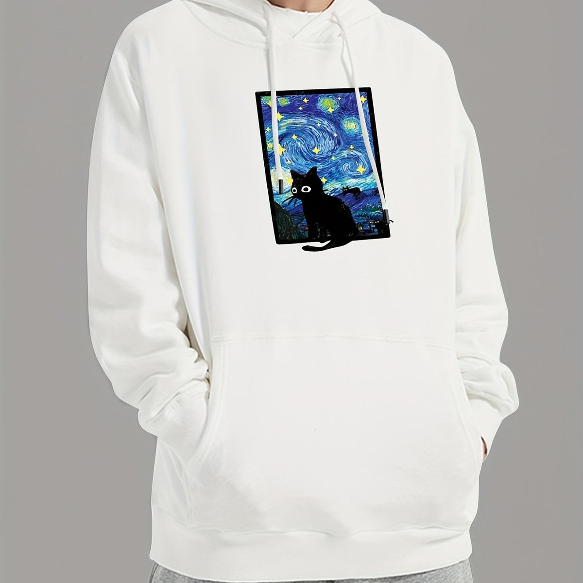 Starry Night & Cat Print Sweatshirt Men's Casual Graphic Crew Neck Pullover