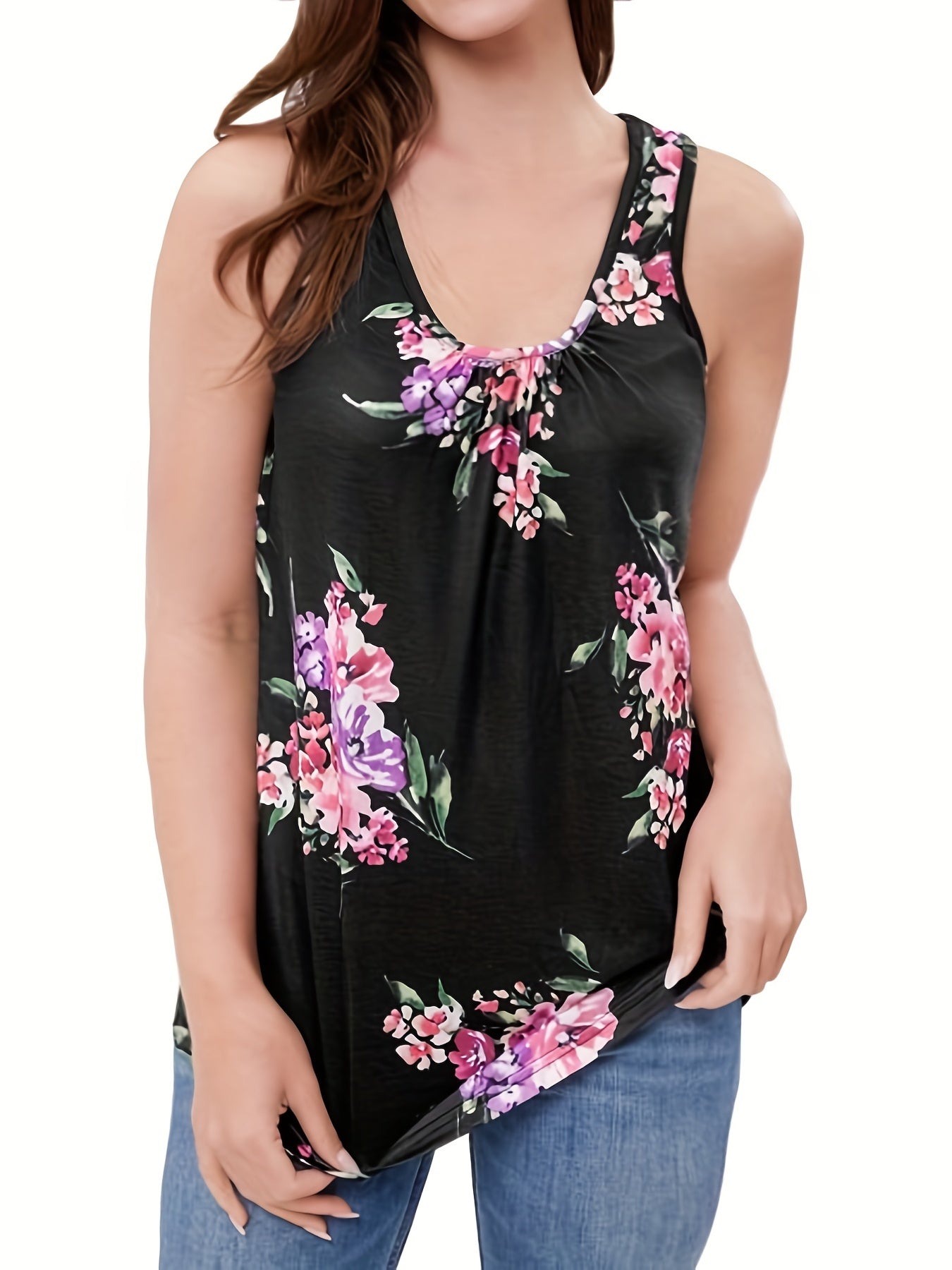  Floral Print Round Neck Tank Top