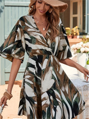  Graphic Print Ruffle Sleeve Surplice Neck Belted Mini Dress