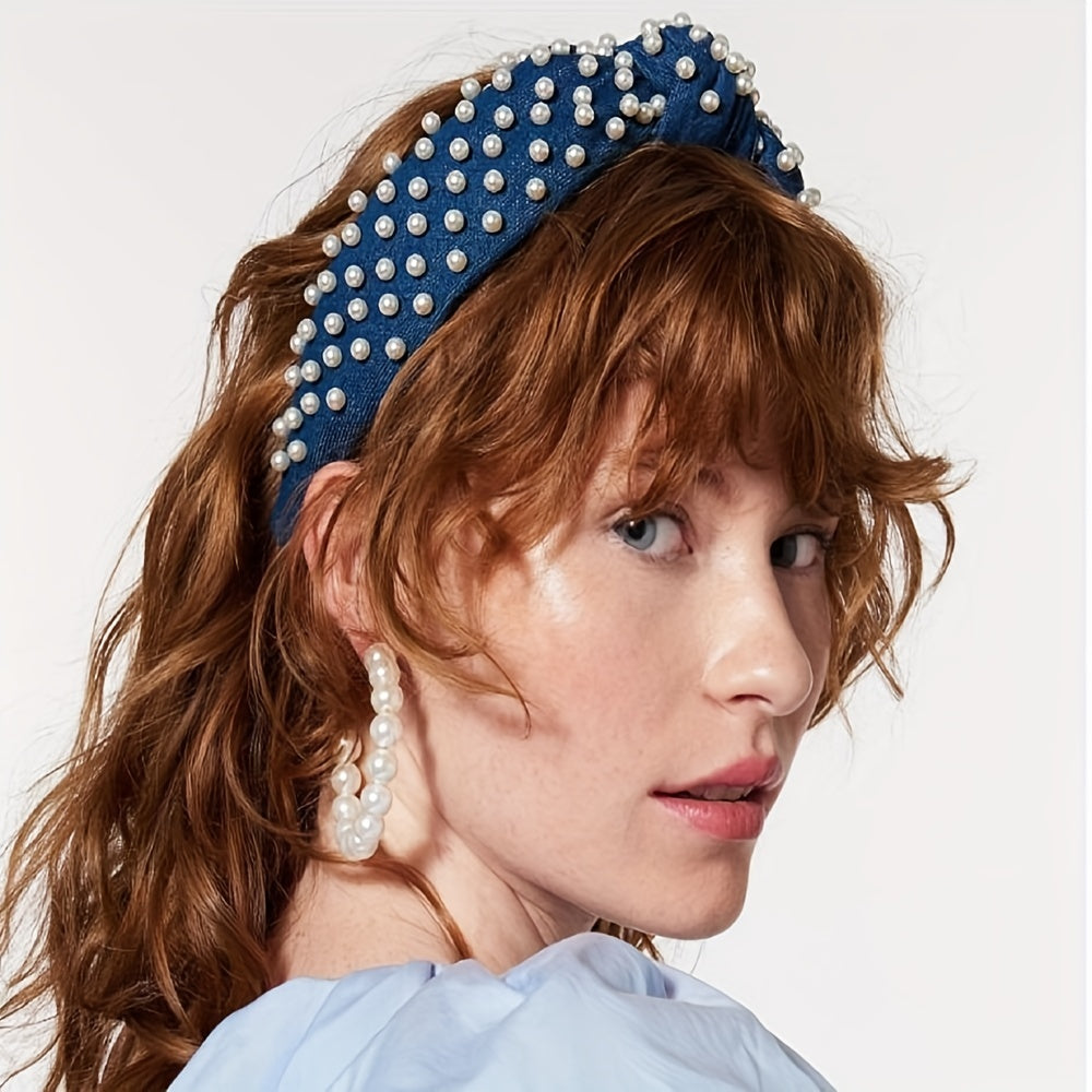 Baroque Style Faux Pearl Headband Denim Hair Band Women