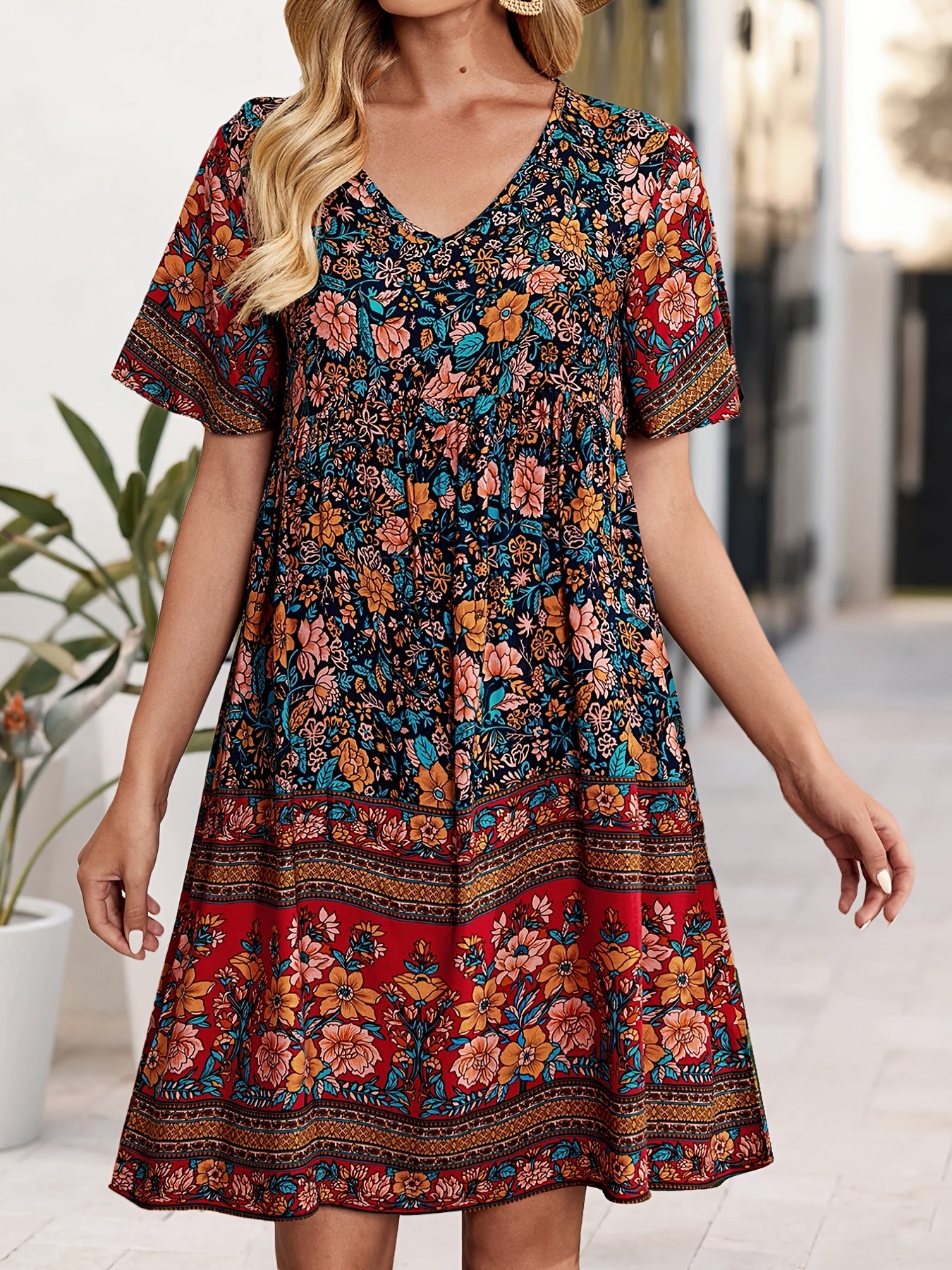 Floral Print V Neck Short Sleeve Dress for Summer