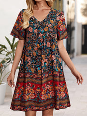Floral Print V Neck Short Sleeve Dress for Summer