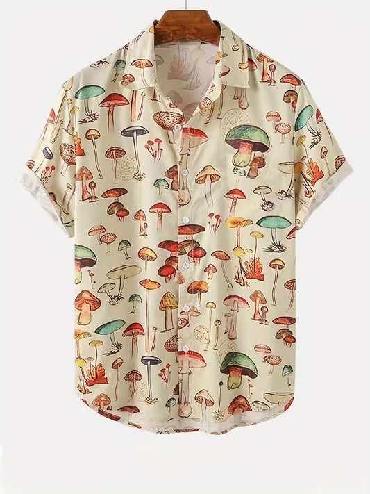 Men's Mushroom Print Casual Button-Up Shirt for Spring/Summer