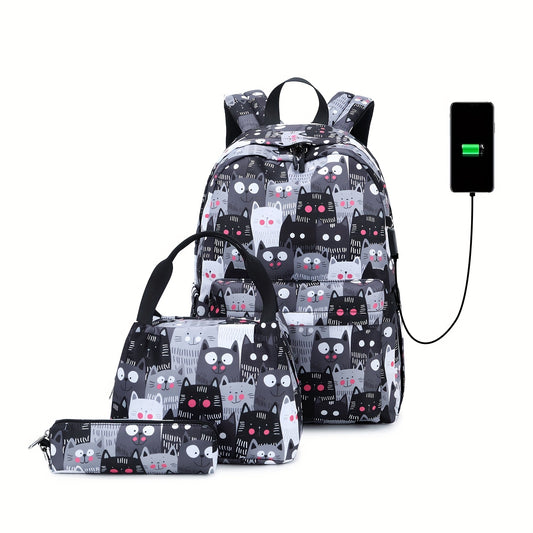 Kids Kitten Backpack with USB Charging Port - 3pc Set