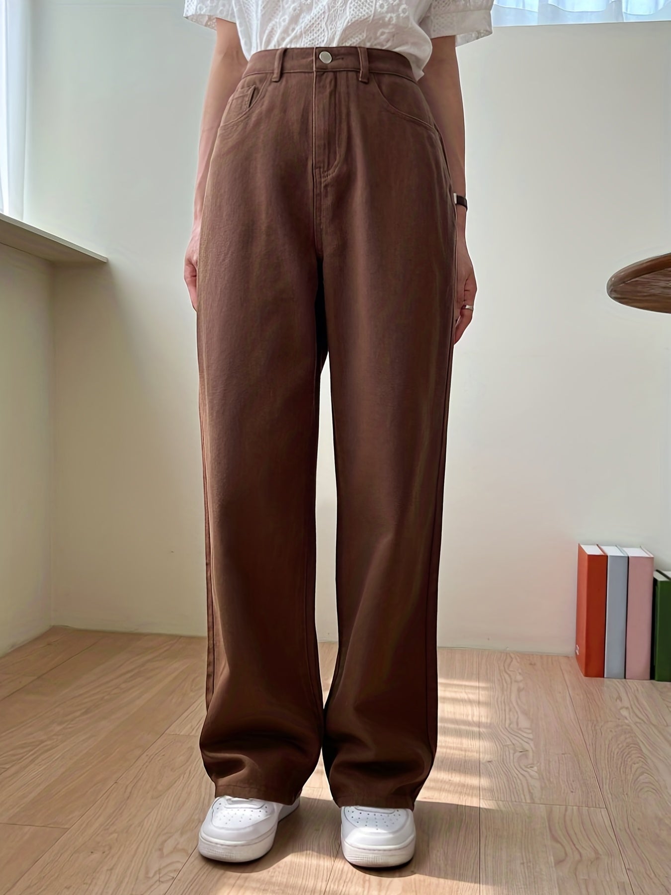 Brown Straight Jeans Non Stretch Casual Denim Pants Women's Jeans