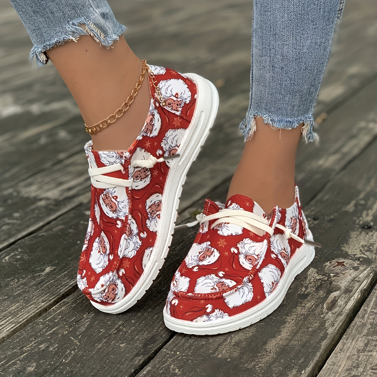 Christmas Santa Claus Slip On Sneakers Lightweight Comfortable Boat Shoe