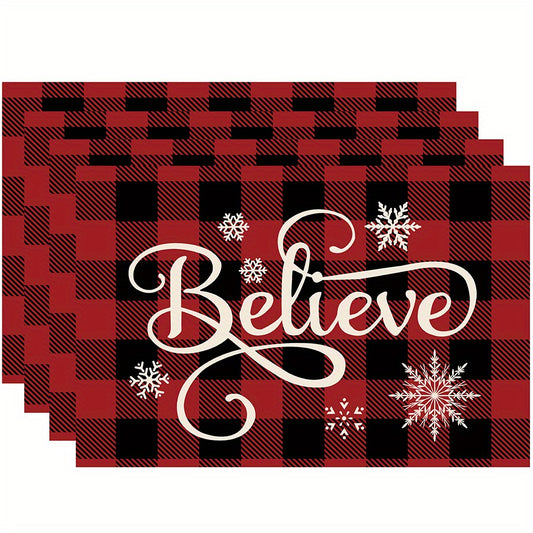 4pcs Christmas Placemats Red Plaid Decorative Table Pad Xmas Decor Vintage Mat