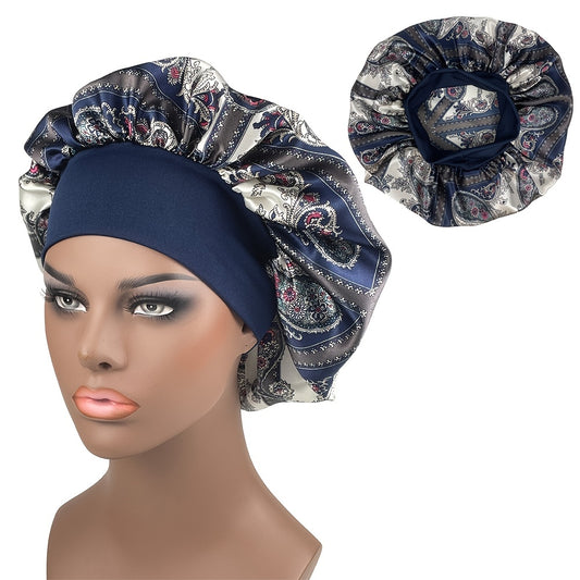Printed Wide Ribbon Hair Cap Satin Bonnet for Women