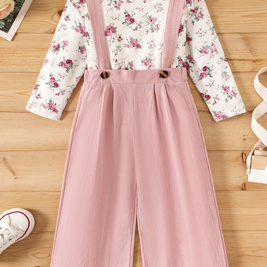 Toddler Girl's 2pcs Top & Jumpsuit Set Floral Print Ruffle Decor Outfits