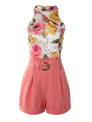 Floral Print Tank Top & Shorts Set with Belt Outfit