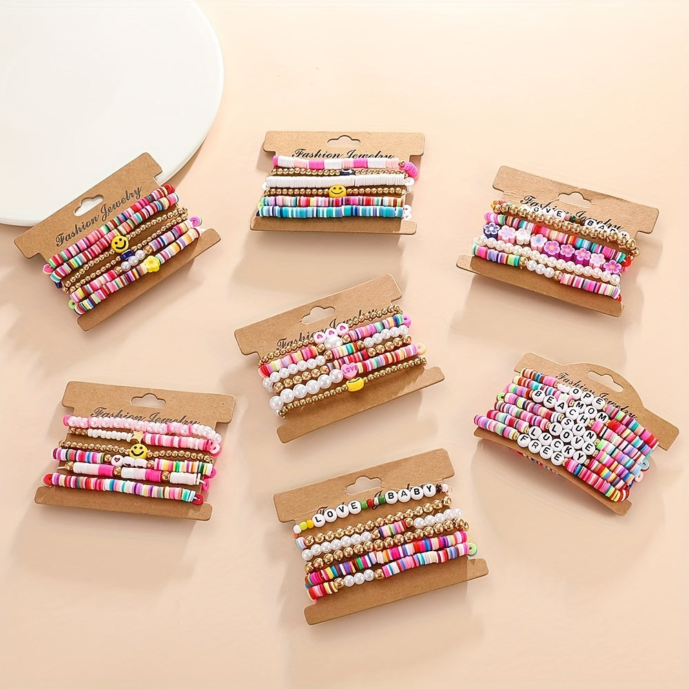 Colorful Soft Pottery Beaded Bracelet Stretch Stacking Bracelets For Girls