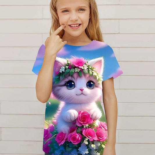 3D Kitten Graphic Short Sleeve T shirt For Girls Summer Sports