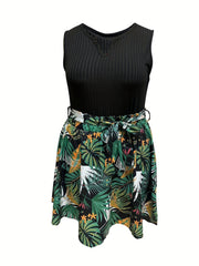  Solid Notched Neck Tank Top & Tropical Print Skirt Outfit